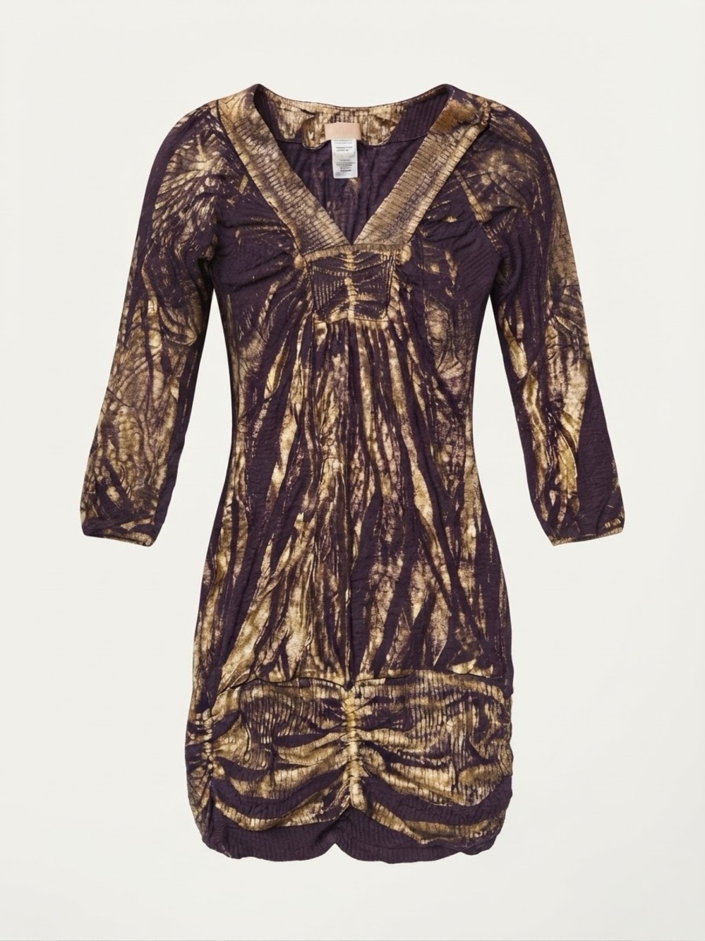 Purple & Gold Abstract Tie-Dye Ruched Bodycon Mini Dress (Size Small)